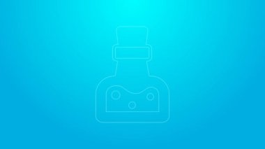 Mavi arkaplanda ikon izole edilmiş pembe çizgi şişe. Sihirli iksirli matara. Mutlu Cadılar Bayramı Partisi. 4K Video hareketli grafik canlandırması