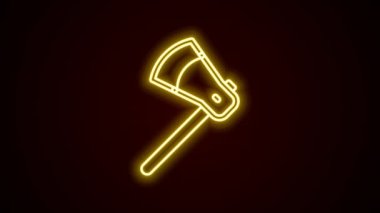 Parlayan neon hattı tahta balta ikonu siyah arkaplanda izole edildi. Oduncu baltası. 4K Video hareketli grafik canlandırması