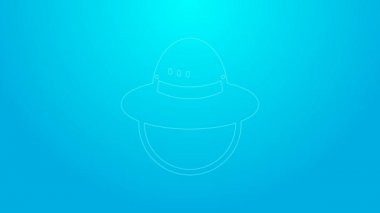 Pembe çizgi kamp şapkası simgesi mavi arkaplanda izole edildi. Plaj şapkası panaması. Avcılık, yürüyüş ve turizm için gezgin şapkası. 4K Video hareketli grafik canlandırması