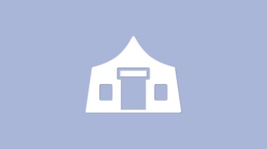 Mor arkaplanda beyaz turist çadırı simgesi var. Kamp sembolü. 4K Video hareketli grafik canlandırması