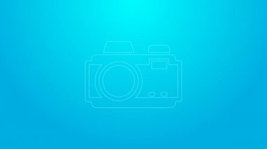 Pembe çizgi fotoğraf makinesi simgesi mavi arkaplanda izole edildi. Foto kamera. Dijital fotoğrafçılık. 4K Video hareketli grafik canlandırması