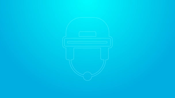 Icono de casco de hockey de línea rosa aislado sobre fondo azul. Animación gráfica de vídeo 4K — Vídeo de stock