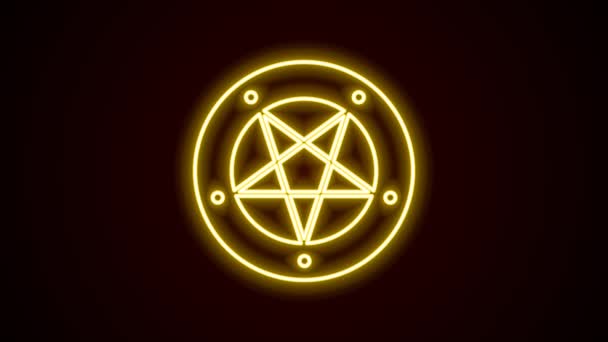 Glödande neon linje Pentagram i en cirkel ikon isolerad på svart bakgrund. En magisk ockult stjärnsymbol. 4K Video motion grafisk animation — Stockvideo