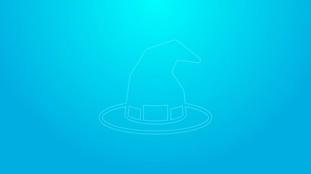 Pink line Witch hat icon isolated on blue background. Happy Halloween party. 4K Video motion graphic animation — Stock Video