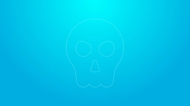 Pink line Skull icon isolated on blue background. Happy Halloween party. 4K Video motion graphic animation — Stock Video