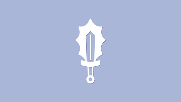 Witte Magic zwaard in vuur pictogram geïsoleerd op paarse achtergrond. Vurig zwaard. Magisch wapen van ridder, tovenaar, tovenaar. Vuurspreuk. Brandend lemmet. 4K Video motion grafische animatie — Stockvideo