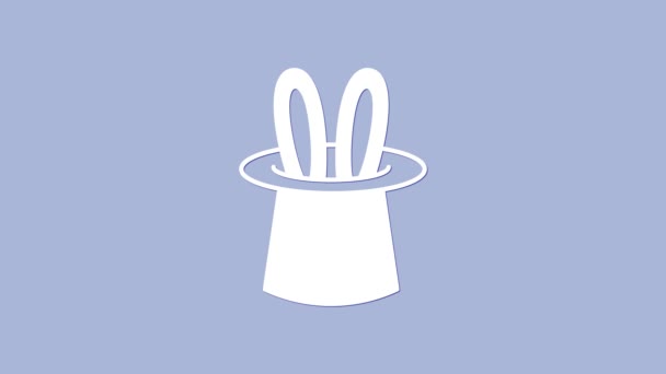 White Magician hat and rabbit ears icon isolated on purple background. Magic trick. Mystery entertainment concept. 4K Video motion graphic animation — Stock Video