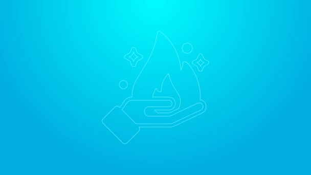 Rosa linje Hand håller en brand ikon isolerad på blå bakgrund. 4K Video motion grafisk animation — Stockvideo