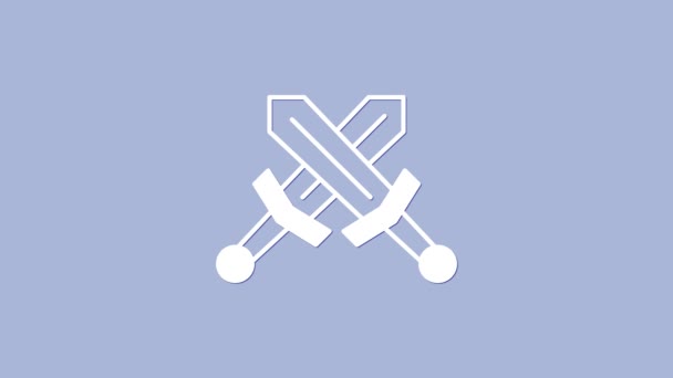 Vit Crossed medeltida svärd ikon isolerad på lila bakgrund. Medeltida vapen. 4K Video motion grafisk animation — Stockvideo