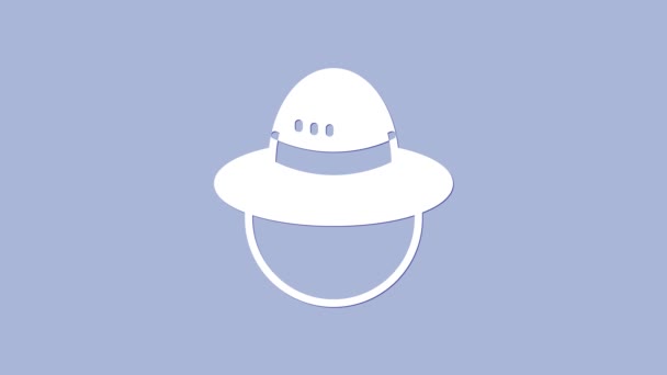 Icono de sombrero de camping blanco aislado sobre fondo púrpura. Sombrero de playa panama. Explorador de los viajeros sombrero para la caza, senderismo, turismo. Animación gráfica de vídeo 4K — Vídeos de Stock