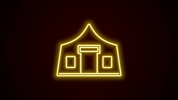 Gloeiende neon lijn Toeristische tent icoon geïsoleerd op zwarte achtergrond. Kamperen symbool. 4K Video motion grafische animatie — Stockvideo
