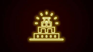 Maya ikonunda parlayan neon hattı Chichen Itza siyah arka planda izole edildi. Antik Maya piramidi. Meksika 'nın ünlü anıtı. 4K Video hareketli grafik canlandırması