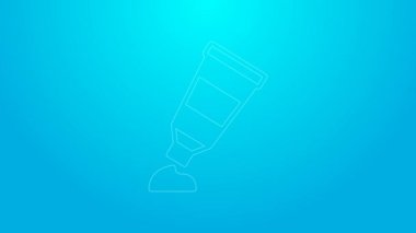 Mavi arka planda izole edilmiş boya paleti simgesi olan pembe çizgi tübü. 4K Video hareketli grafik canlandırması