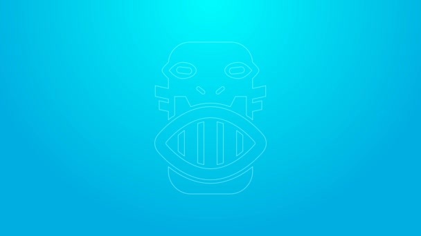 Růžová čára mexické mayské nebo aztécké masky ikony izolované na modrém pozadí. Grafická animace pohybu videa 4K — Stock video