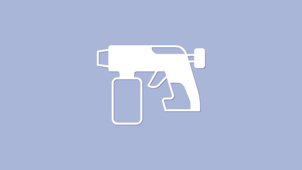 Иконка пистолета-распылителя White Paint выделена на фиолетовом фоне. Видеографическая анимация 4K — стоковое видео
