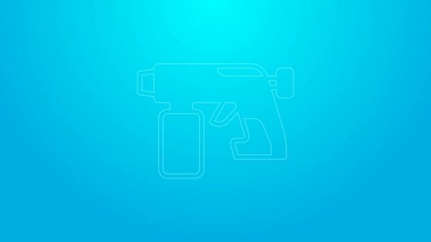 Różowa linia Paint Spray ikona pistoletu izolowane na niebieskim tle. 4K Animacja graficzna ruchu wideo — Wideo stockowe