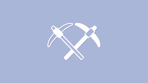 White Pickaxe icon isolated on purple background. 4K Video motion graphic animation — Stock Video