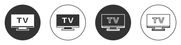 Icono de TV inteligente negro aislado sobre fondo blanco. Señal de televisión. Botón de círculo. Vector — Vector de stock