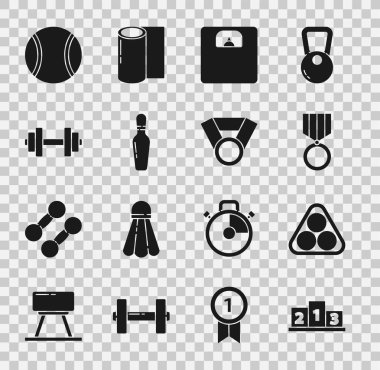 Spor ödülleri, podyum, bilardo topları üçgeni, madalya, banyo terazisi, bowling broşu, Dumbbell, Tenis ve ikon. Vektör