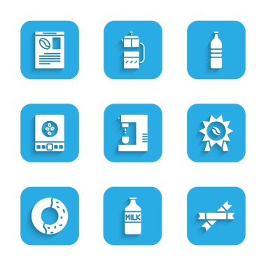 Kahve makinesi, süt şişesi, şeker paketleri, kahve madalyası, tatlı çörek jölesi, elektronik terazi, su, gazete ve ikon. Vektör