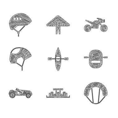 Kayak ya da kano, Formula 1 yarış arabası, Paraşüt, Rafting botu, klasik spor, kask, motosiklet ve bisiklet başlığı ikonu. Vektör