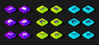 Paintball silahı, dizlik, motosiklet kaskı Rafting teknesi, ambulans ve acil durum arabası ve kayak çubukları ikonu. Vektör