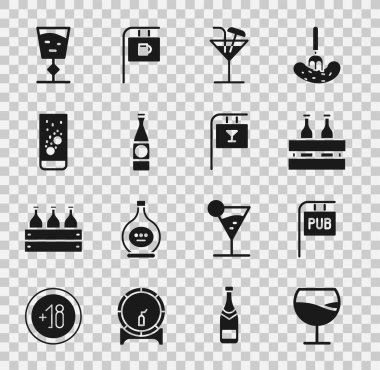 Şarap kadehleri, barlı sokak tabelası, bira şişeleri, kokteyl, bira, Effervescent tablet suyu ve bar ikonu. Vektör