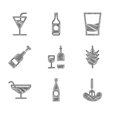 Bardaklı şarap şişesi, bira, çatallı salatalık, Hop, Kokteyl, Şarabın Açılışı, Bardak votka ve ikon. Vektör
