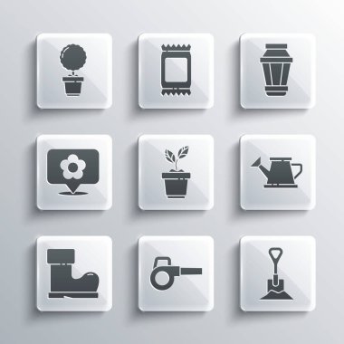 Yaprak üfleyici, kürek, su kovası, saksı, su geçirmez lastik bot çiçek, çiçek ve bahçe lambası ikonu. Vektör