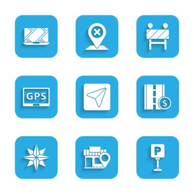 Şehir haritası navigasyon bilgisini, mağazası, park yeri, yol trafik levhası, rüzgar gülü, GPS cihazı, yol bariyeri ve şehir simgesi olan konumu ayarlayın. Vektör