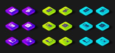 Bisiklet kilidi, anahtar, kart, koruma altında ev, dijital kapı ve parmak izi tarama ikonlu mobil telefonu ayarla. Vektör