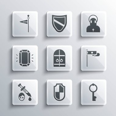 Kalkan, eski anahtar, ortaçağ bayrağı, kale kapısı kanlı kılıç, elmas ve keşiş simgesi. Vektör