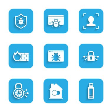 Sistem hatasını ayarla, akıllı ev, USB flash disk, siber güvenlik, güvenlik duvarı, yüz tanıma ve simge. Vektör