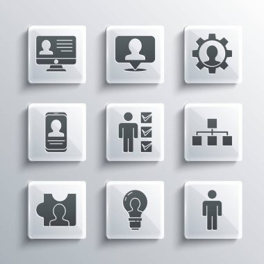 Kafaya lamba, insan kullanıcısı, hiyerarşi organizogram şeması, iş elbisesi, avcılık, mobil özgeçmiş, monitör ve insan vites simgesi. Vektör