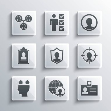 Küre 'yi ve insanları ayarla, kimlik kartı, kafa avcılığı, Kullanıcı koruması, özgeçmişli pano, Proje ekibi tabanı ve hesap ekranı simgesi oluştur. Vektör