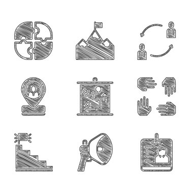 Planlama stratejisi konsepti, megafon, kimlik kartı, proje ekibi üssü, bitiş bayrağı olan merdiven, işçi konumu, insan kaynakları ve yapboz ikonu. Vektör