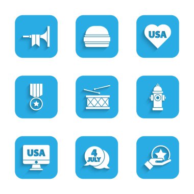 Davul ve bagetleri ayarlayın, ABD Bağımsızlık Günü, itfaiye musluğu, monitörde, madalyalı yıldız ve trompet ikonu. Vektör