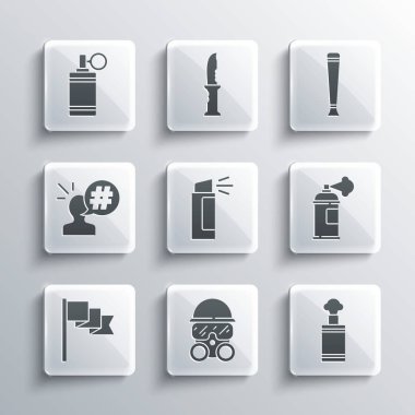 Gaz maskesi, el bombası, boya spreyi, biber, konum belirleyici, protesto ve polis kauçuk çubuğu ikonu. Vektör