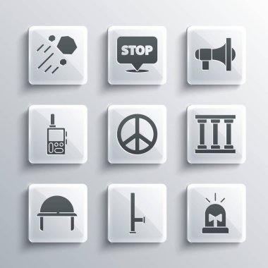 Polis kauçuk copu, teşhirci siren, hapishane penceresi, Barış, Askeri miğfer, telsiz, Uçan Taş ve Megafon ikonu. Vektör