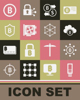 USB flash diski, Blockchain teknolojisi Bitcoin, Cryptocurrency bulut madenciliği, takas, video grafik kartı, bitcoin ile kalkan ve simge ayarla. Vektör