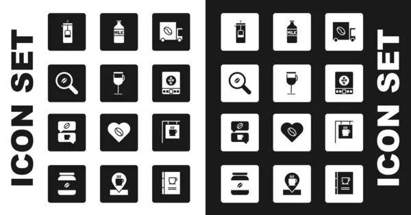 Set Coffee street truck machine, Irish coffee, Selection beans, French press, Electronic scales, Bottle with milk, Street signboard and and conversation icon. Vector — Stock Vector
