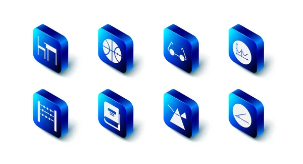 Definir bola de basquete, óculos, gráfico, cronograma, gráfico, diagrama, ângulo agudo, raios de luz no prisma, livro, Abacus e escola tabela e cadeira ícone. Vetor — Vetor de Stock
