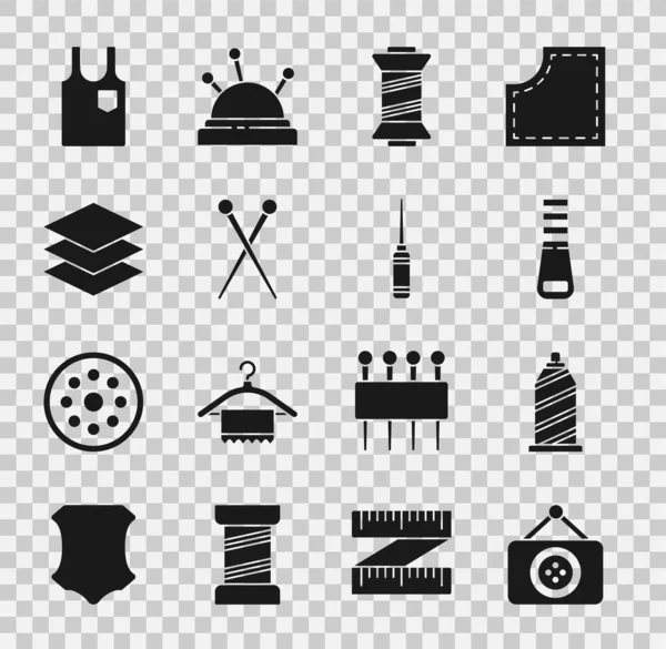 Set Tailor shop, Sewing thread, Zipper, Knitting needles, Layers clothing textile, Sleeveless T-shirt and Awl tool icon. Vector — Stock Vector