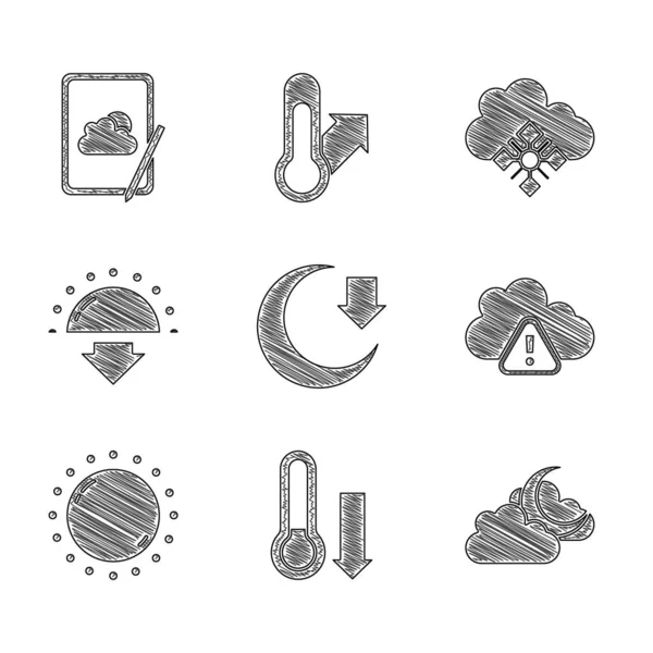 Set Moon, Meteorológia hőmérő, Felhő holddal, Vihar figyelmeztetés, Nap, Naplemente, hó és időjárás előrejelzés ikon. Vektor — Stock Vector