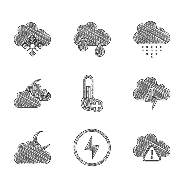 Set Termómetro meteorológico, Rayo, Alerta de tormenta, Nube con luna, lluvia e ícono de nieve. Vector — Archivo Imágenes Vectoriales