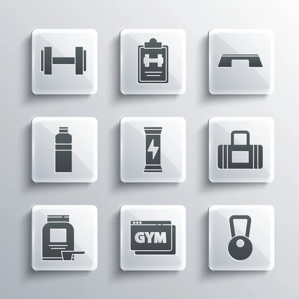Set Online fitness e treinamento, Kettlebell, Sport bag, Nutrição esportiva, Fitness shaker, Haltere e ícone de plataforma Step. Vetor — Vetor de Stock