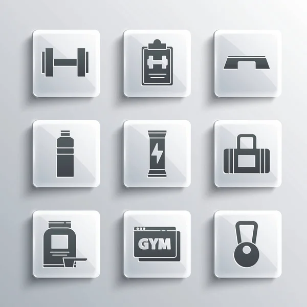 Set Fitness y entrenamiento online, Kettlebell, Bolsa deportiva, Nutrición deportiva, Batidora Fitness, Icono de plataforma Dumbbell y Step. Vector — Archivo Imágenes Vectoriales