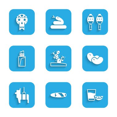 Kaktüs, puro, limonlu tekila bardağı, fasulye, Pinata, Burrito, Maracas ve Meksika kafatası ikonu. Vektör