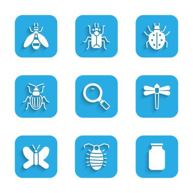 Büyüteç, larva böceği, cam kavanoz, yusufçuk, kelebek, saman böceği, Mite ve arı ikonu. Vektör