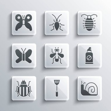 Sinek Swatter, Salyangoz, Böceklere Karşı Sprey, Böcek Sineği, Colorado Böceği, Kelebek ve Larva ikonu. Vektör